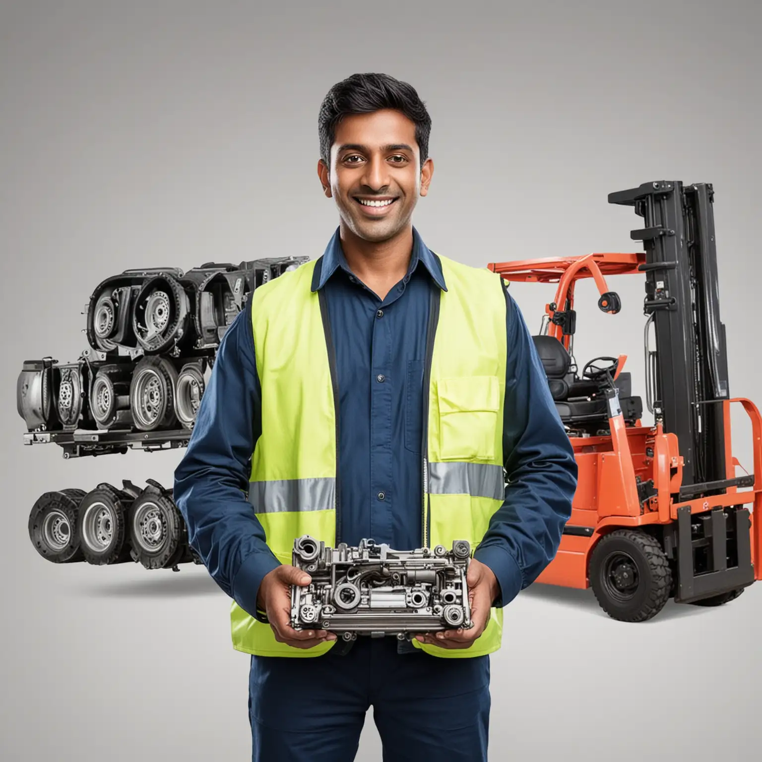 Indian-Mechanic-Holding-Spare-Parts-in-Front-of-Forklift-on-White-Background