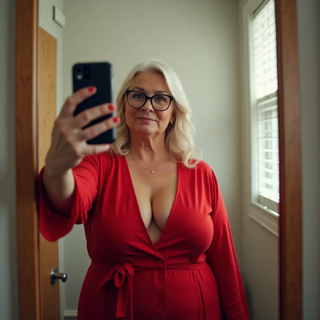 Chubby-50YearOld-Woman-in-Loose-Red-Robe-Taking-FullBody-Mirror-Selfie