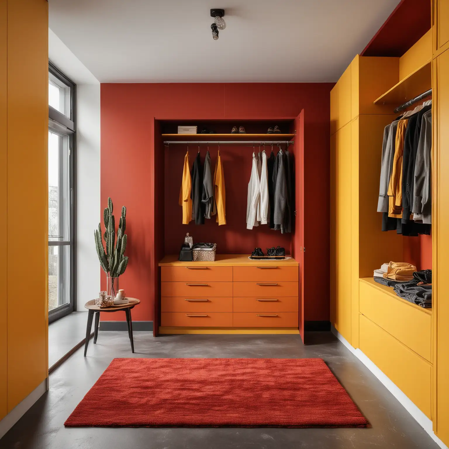Modern WalkIn Closet Room with Bright Yellow Walls and Dark Red Cabinets
