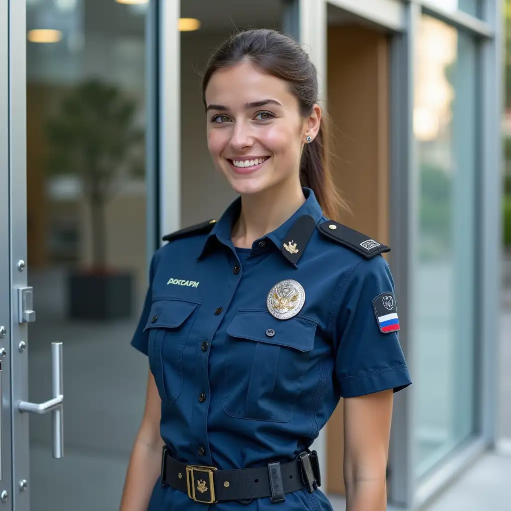 smart modular security booth in Sochi without inscriptions, Russian young woman - security guard in a modern security uniform happy in a modern modular security booth, against the background of a chic hotel, summer