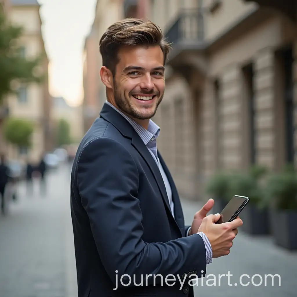 Handsome-Young-Man-Smiling-While-Holding-Mobile-Phone