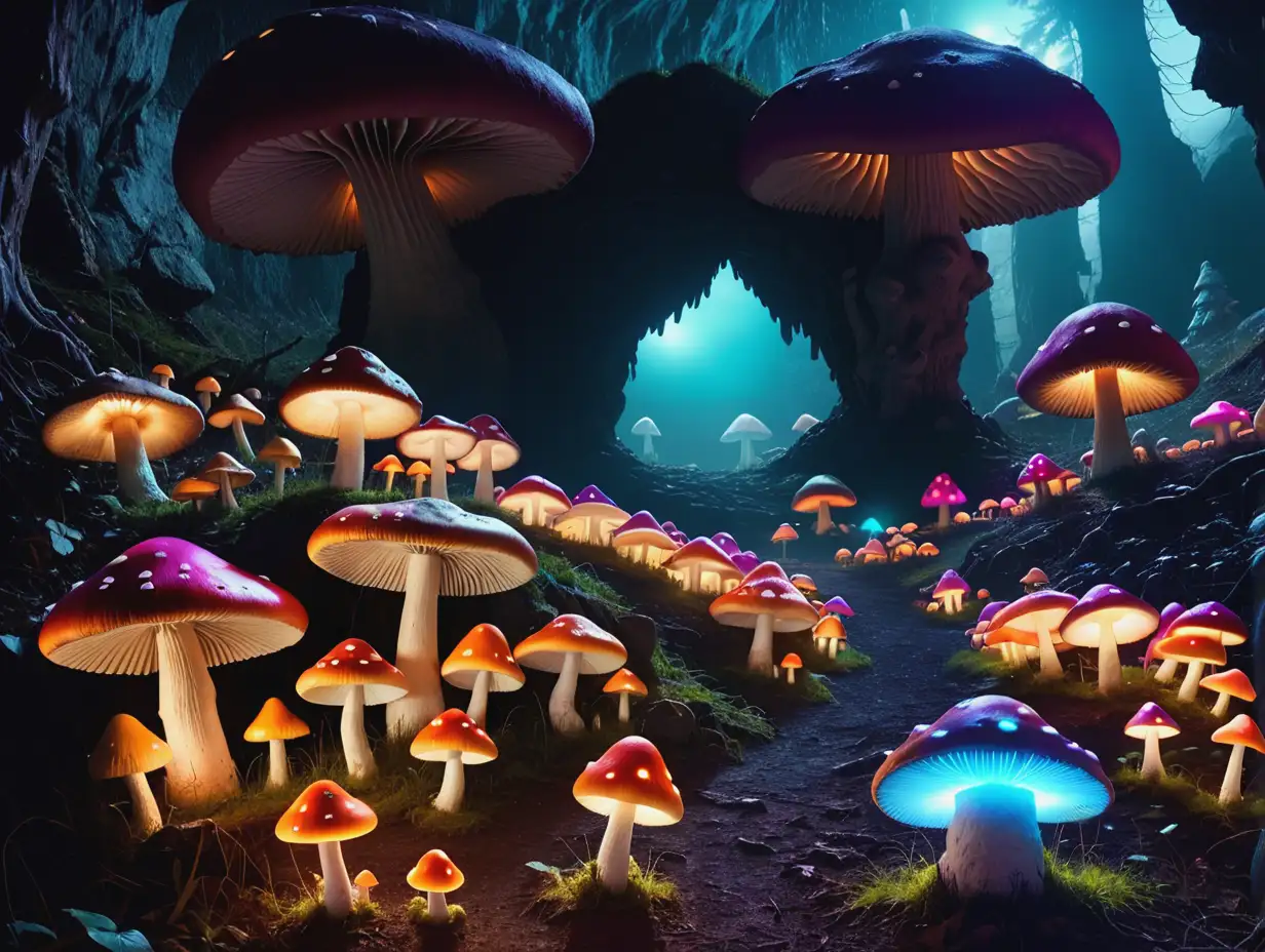 Enchanted-Night-Scene-with-Giant-Glowing-Mushrooms-and-Gnome-Huts