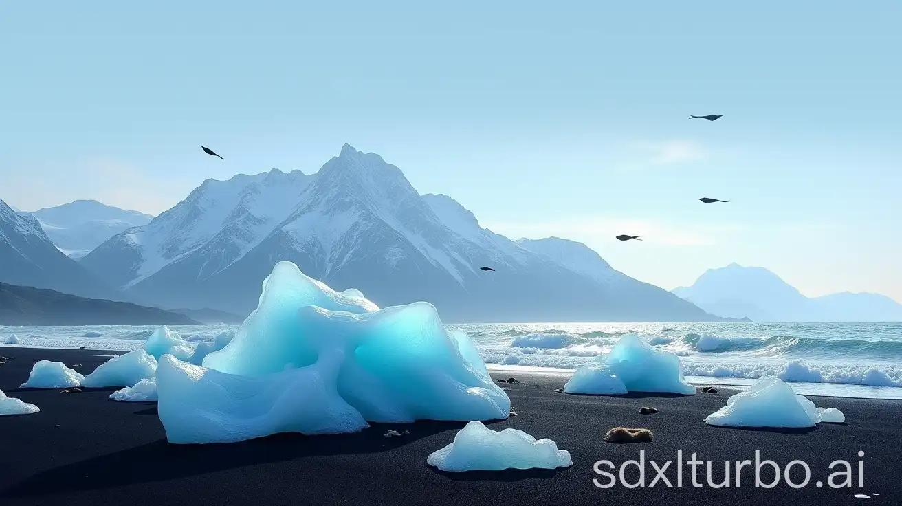 a beach in iseland, black sand large blue icebergs lie in the foreground, in the background you can see a high mountain range with white peaks and marine creatures flying in the sky