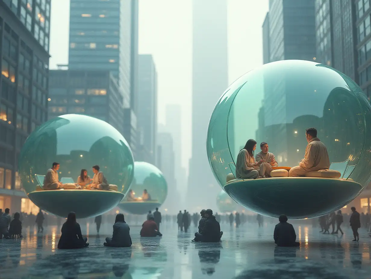 ultradetailled hyperrealistic photo-realistic portrait many flying large glass shells with seating area inside with people sitting on the ground holding onto the ground and looking down at the city textures surfaces and lighting to give depth dimension and a photo-realistic look.