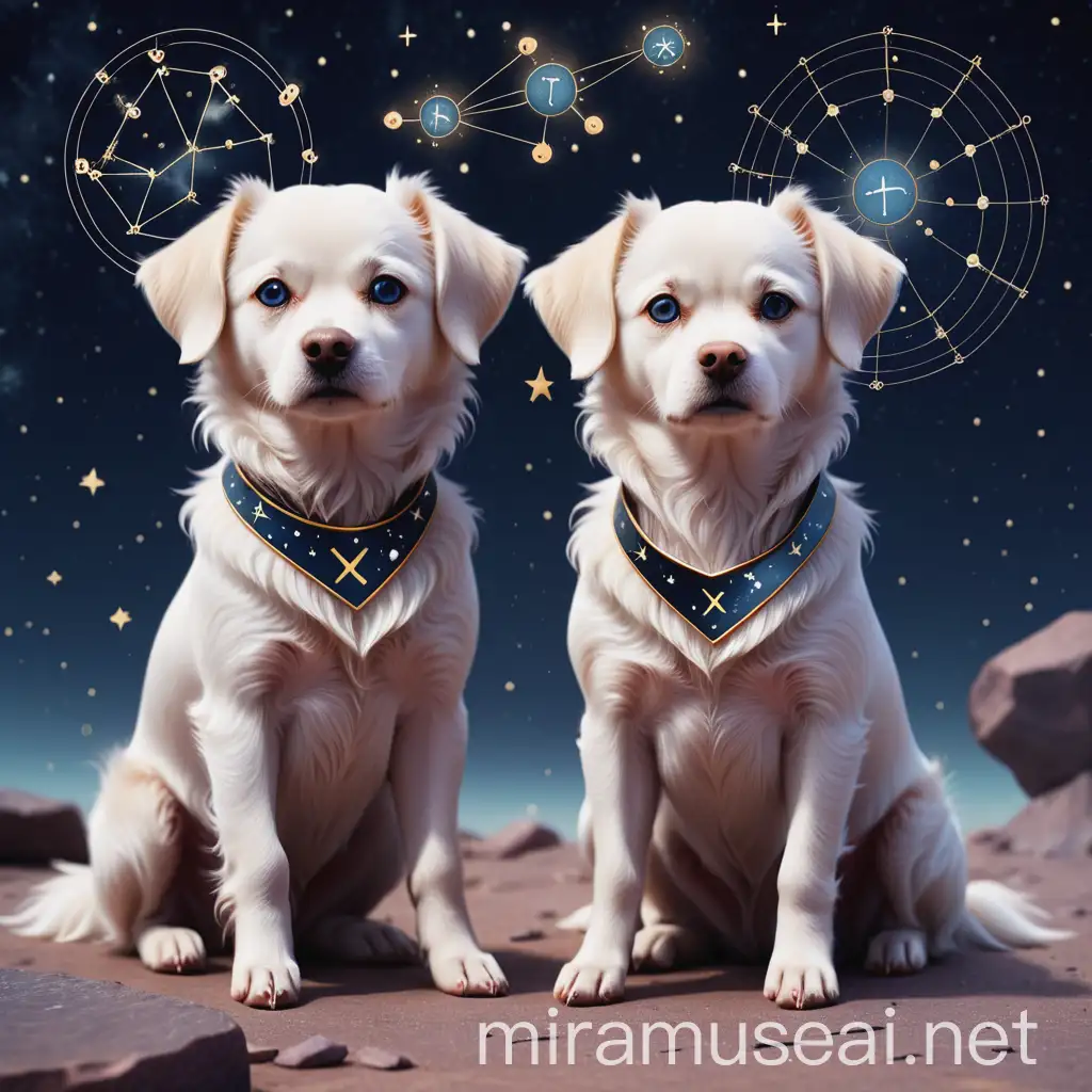 Twin Dogs in Mini Zodiac Style with Constellation Background