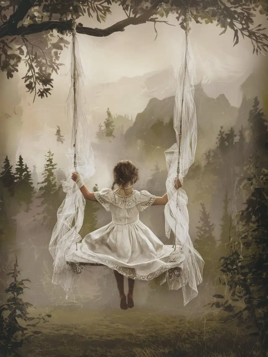 A girl on a swing, made of white, transparent material, with a foggy background, in a fantasy style. A simple, clean picture, resembling a vintage oil painting.

