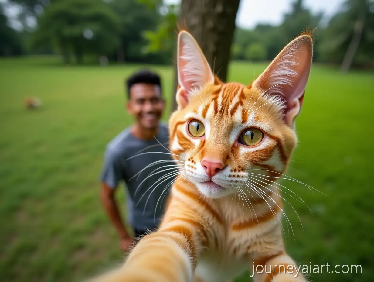 Orange-Cat-Taking-a-Selfie-inAI-Image-Prompt-Expansion-a-Lush-Outdoor-Garden-with-Smiling-Man-in-Background