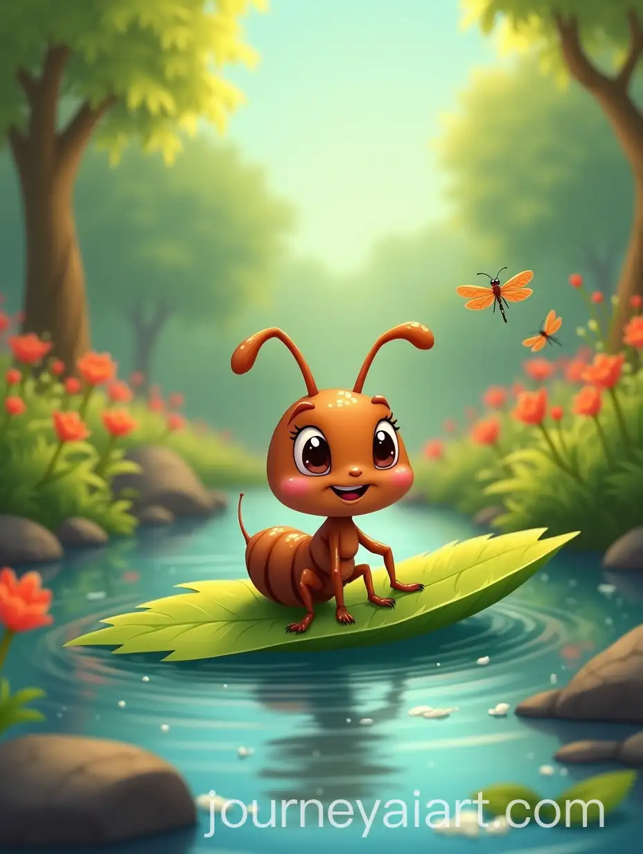 Cartoon-Ant-Riding-a-Leaf-in-a-Serene-Forest-Stream