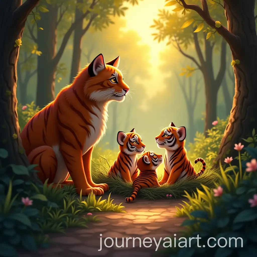Protective-Orange-TabAI-Art-Prompt-Expansionby-Cat-with-Tiger-Cubs-in-Lush-Forest-at-Golden-Hour