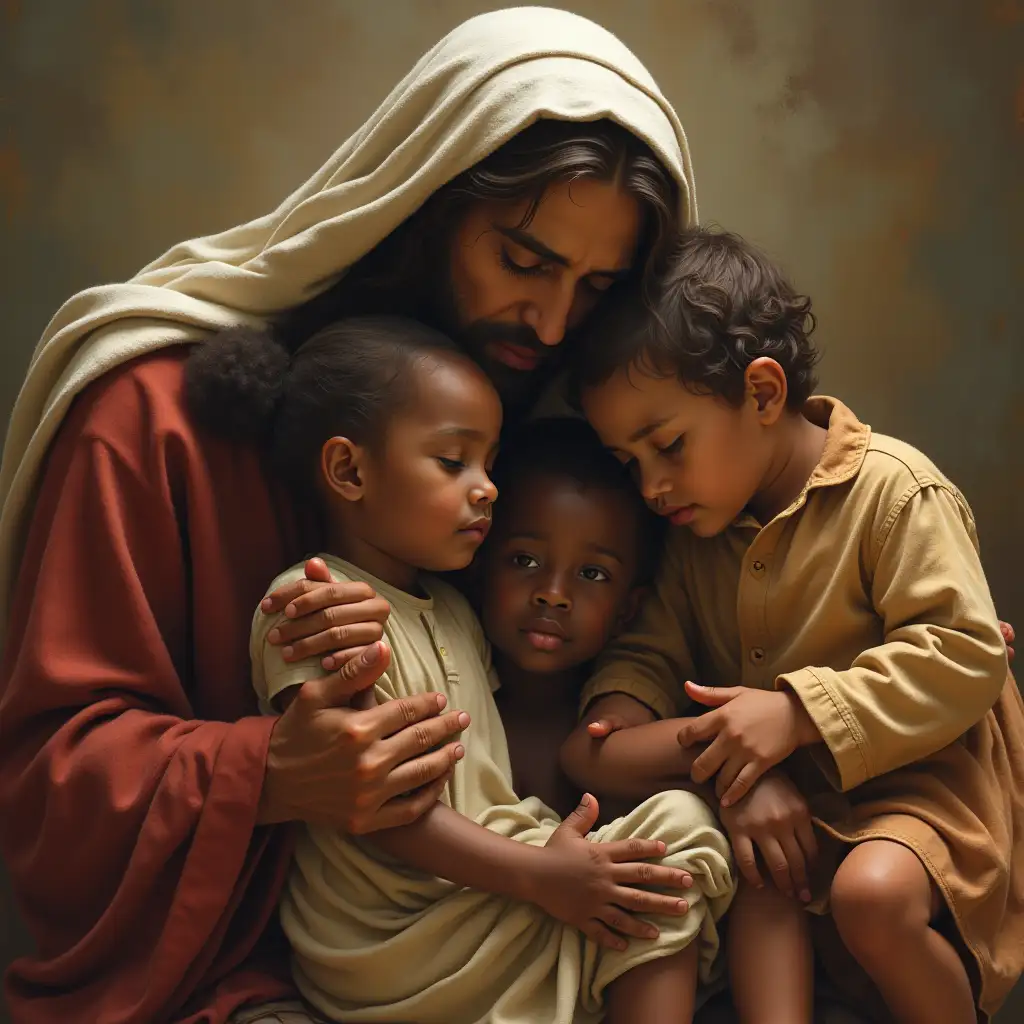 Jesus-with-DarkSkinned-Children-in-a-Compassionate-Scene