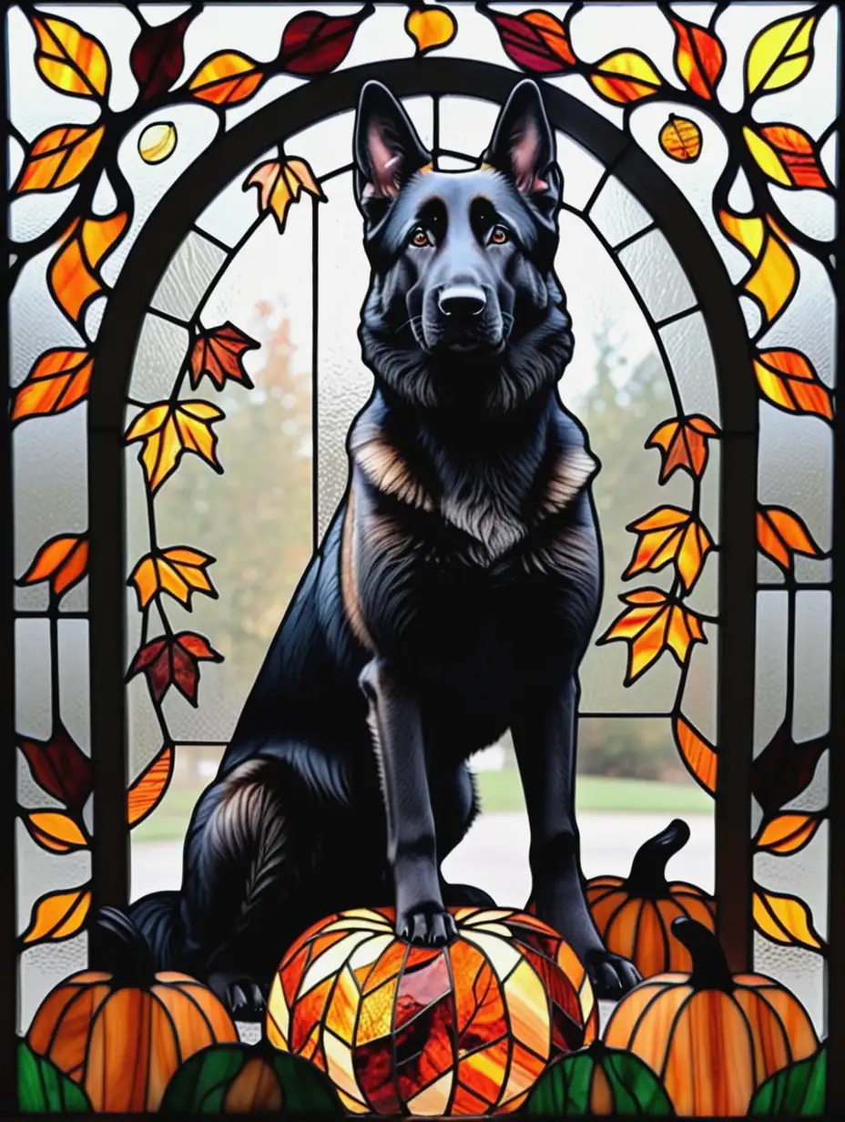 Pure Black German Shepherd Dog Standing Behind Pumpkin and Fall Leaves in Stained Glass Design