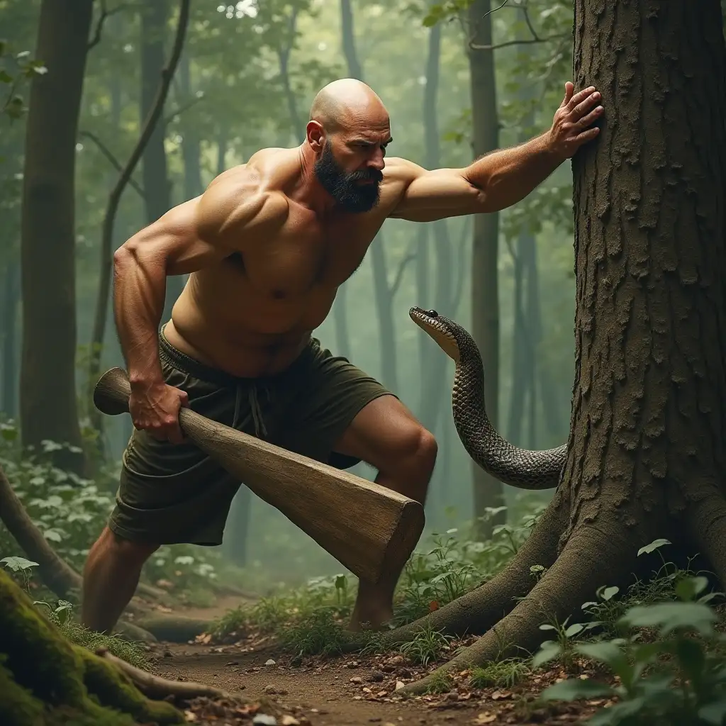 Bald-Strong-Man-Chopping-Tree-in-Forest-Encountering-a-Snake