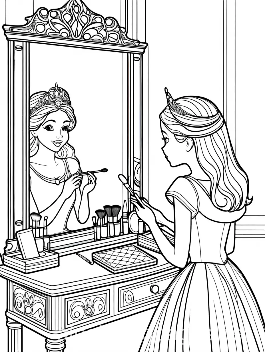 Princess-Applying-Makeup-in-Front-of-a-Mirror-Kids-Coloring-Page