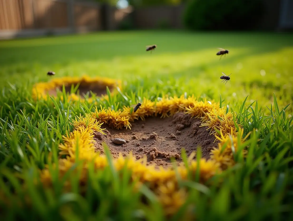 A dramatic, high-quality image showing a once-green lawn now covered in yellow, dead patches due to dog waste damage. The image should depict a backyard in Kalamazoo or Portage, with some areas of the grass still lush while others are visibly burned and ruined from pet waste contamination. Include subtle but noticeable flies hovering over a few waste piles to emphasize bacterial spread and pest attraction. The scene should have a realistic, eye-catching look with strong contrast between the healthy and damaged grass, reinforcing the dangers of leaving dog poop uncollected.