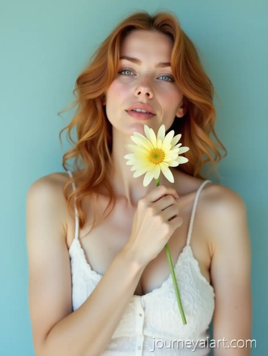 Serene-HalfBody-Portrait-of-FairSkinned-Woman-Holding-Pale-Yellow-Flower