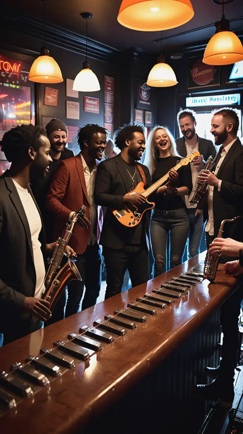 Musicians Networking and Collaborating at a Vibrant Bar