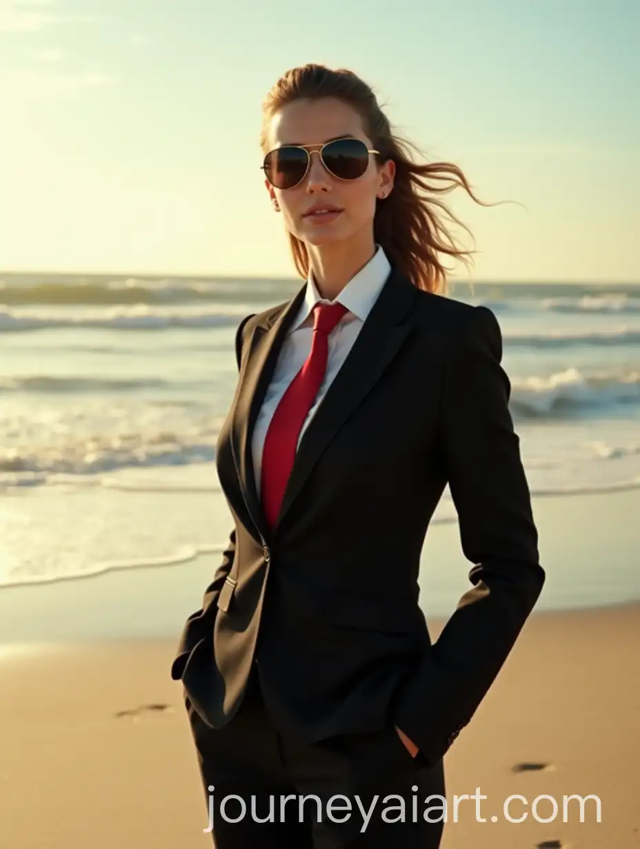 Confident-Female-Pilot-in-Black-Suit-on-a-Beach-with-Aviator-Sunglasses