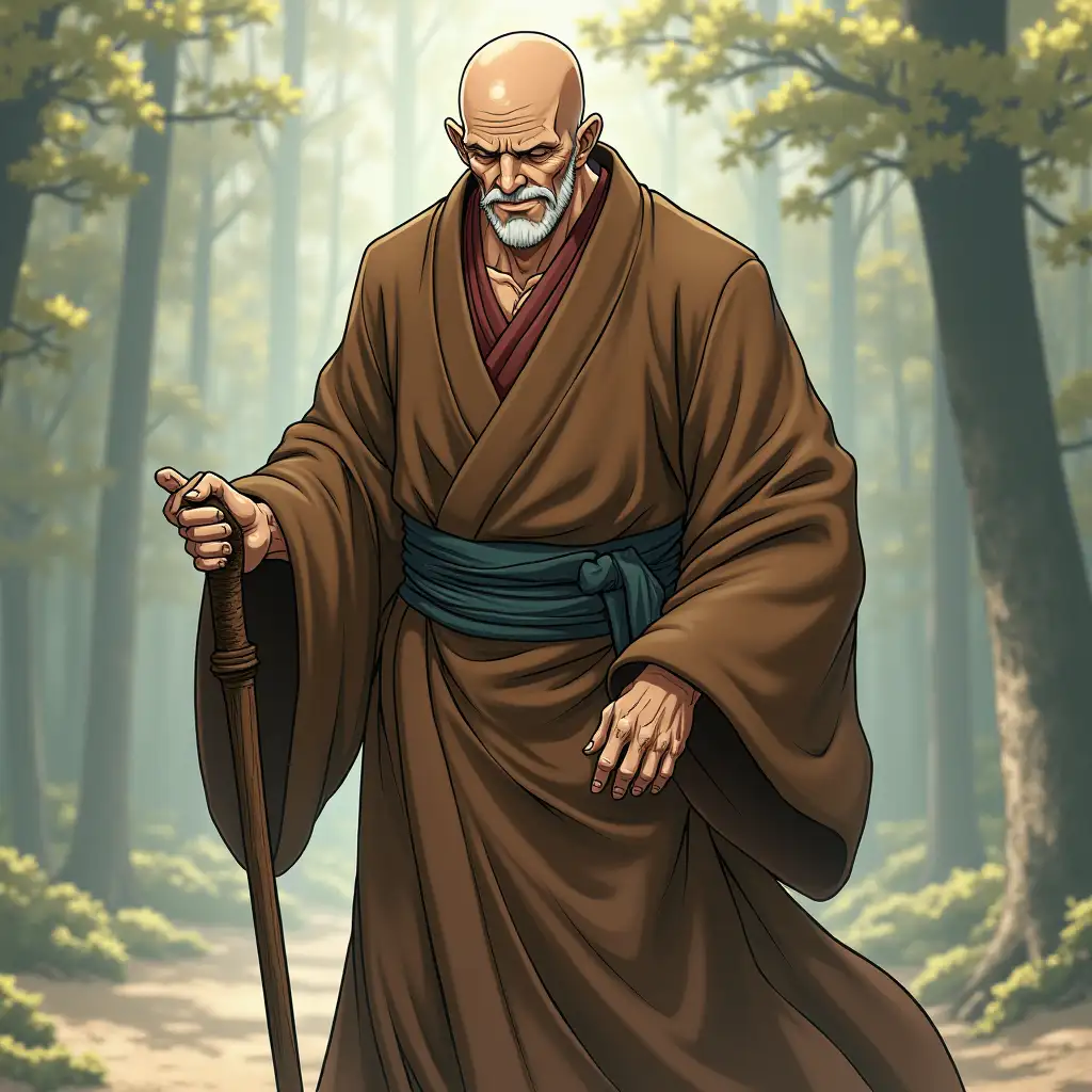 Blind Old Monk in Brown Kimono with Cane