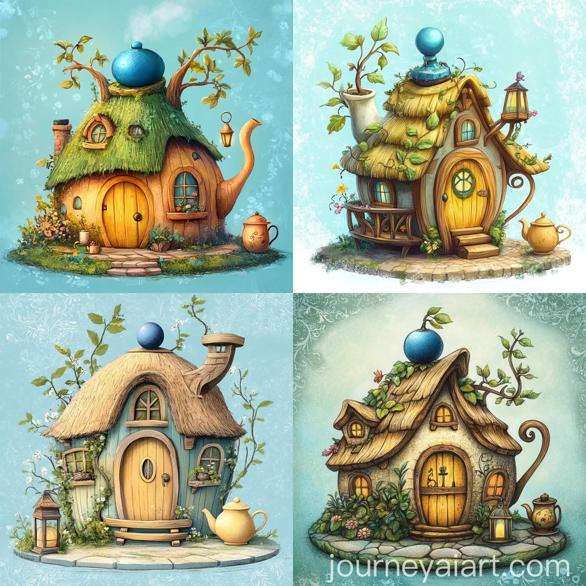 Whimsical-Teapot-House-with-Floral-Background-and-Lanterns