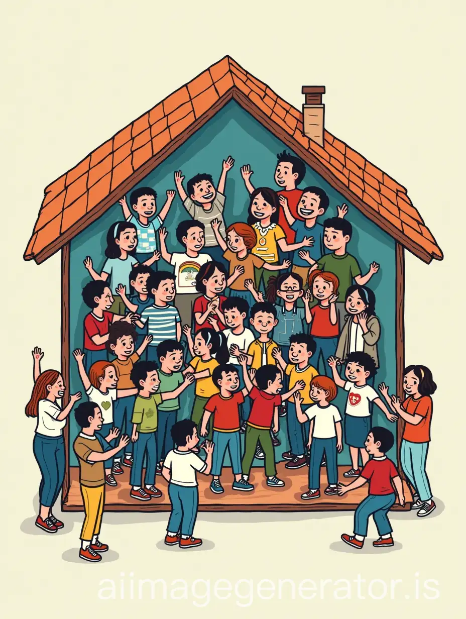 Comic-Illustration-of-a-Puzzle-House-with-Dancers-Gamers-and-Learners-Representing-Teamwork