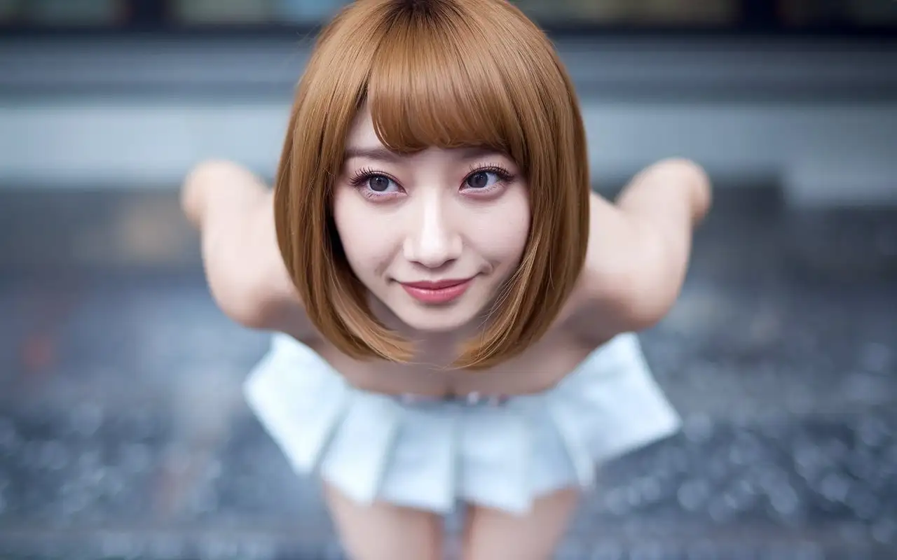 An extremely beautiful Shinjuku girl,20 yo , bob haircut, A sweet smile , white miniskirt, very low angle shot, focus on her face, bottom view, look up, (shot from below:1:8)). real photo, full length view