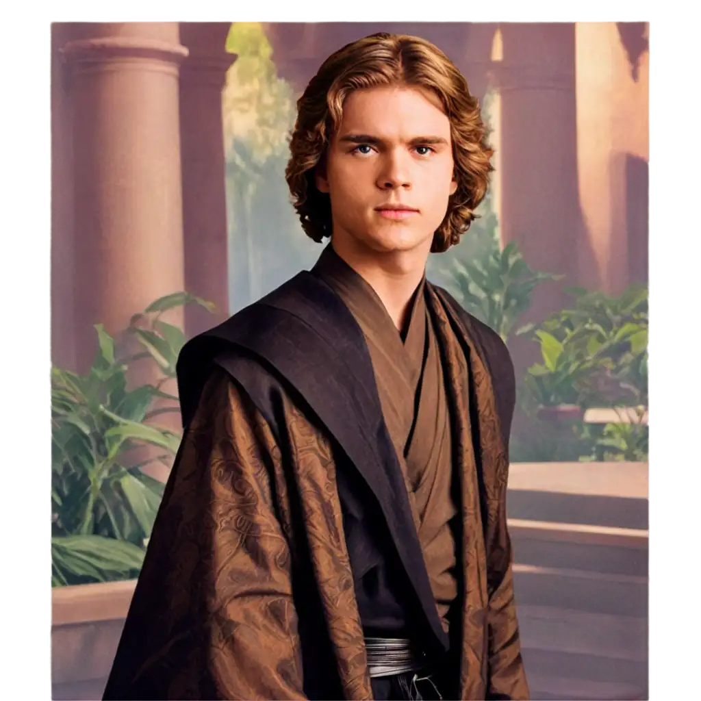 Anakin Skywalker in the palace, bright, lush colours in the background