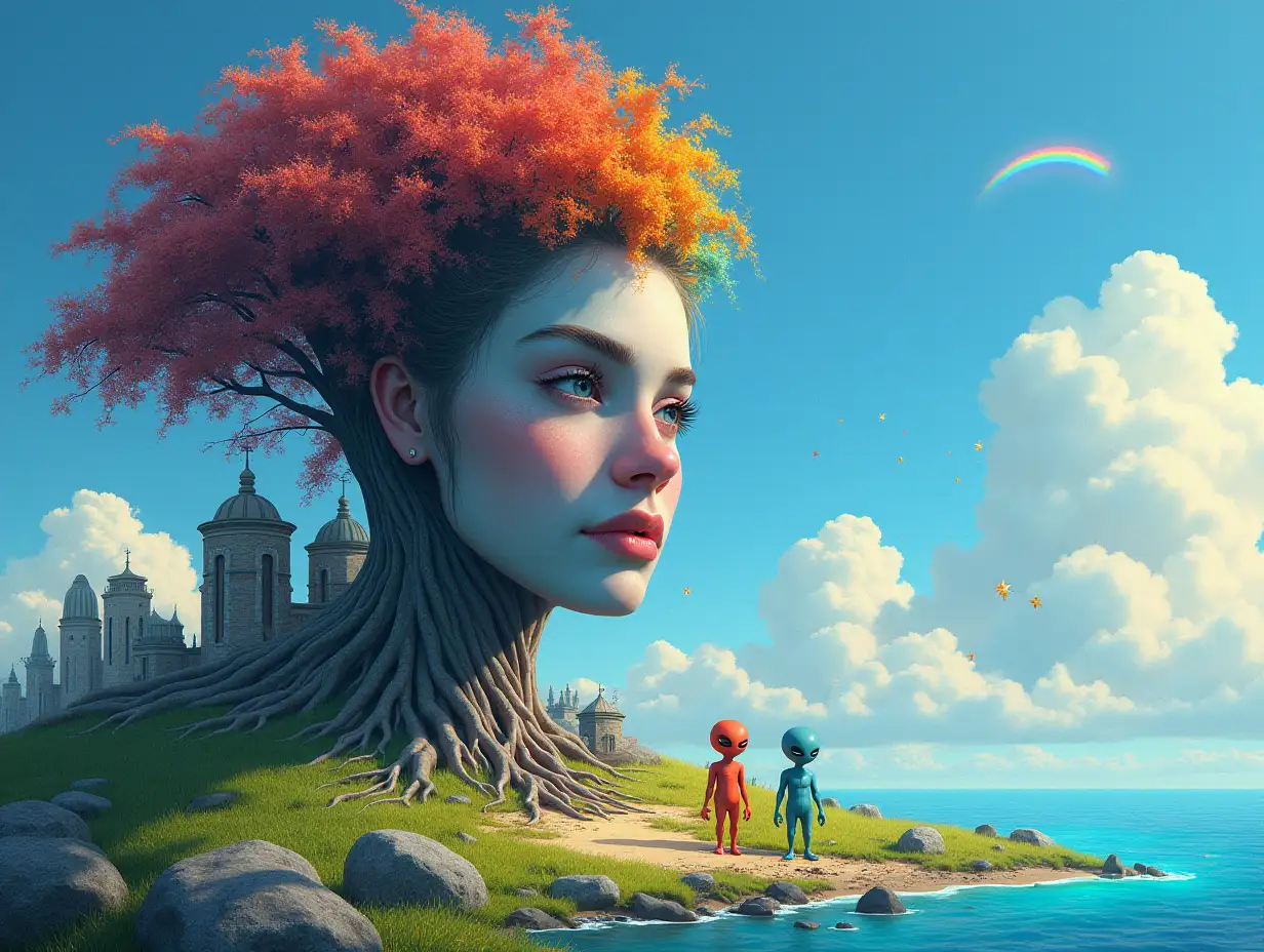 Creating a digital painting transforms a face with rainbow hair into a building with stones and trees with roots and rocks and lanterns by the sea, alien creatures on a meadow with a rainbow-blue sky