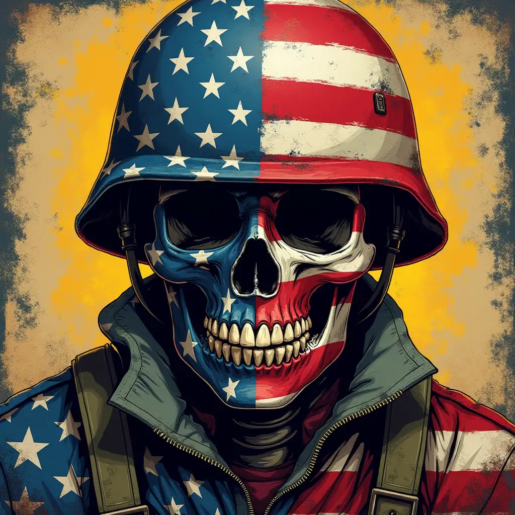 American flag skull; soldier; skeleton; distressed; grunge