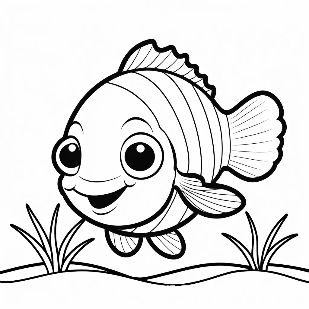 happy cute clownfish smiling coloring page for toddlers, Coloring Page, black and white, line art, white background, Simplicity, Ample White Space. The background of the coloring page is plain white to make it easy for young children to color within the lines. The outlines of all the subjects are easy to distinguish, making it simple for kids to color without too much difficulty