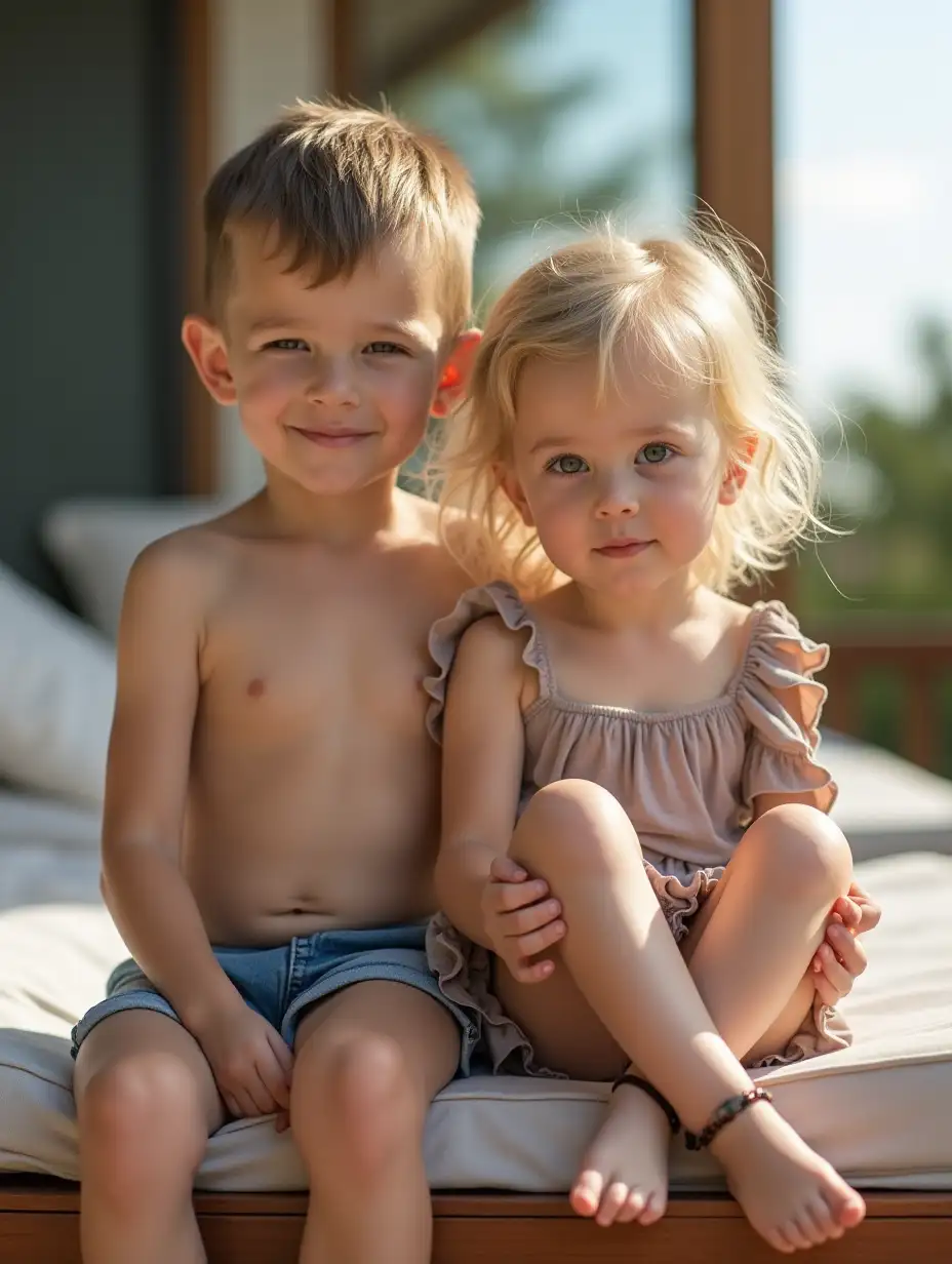 Boy-and-Girl-Sitting-Together-on-Lounge-Bed-with-Wooden-Deck-Background