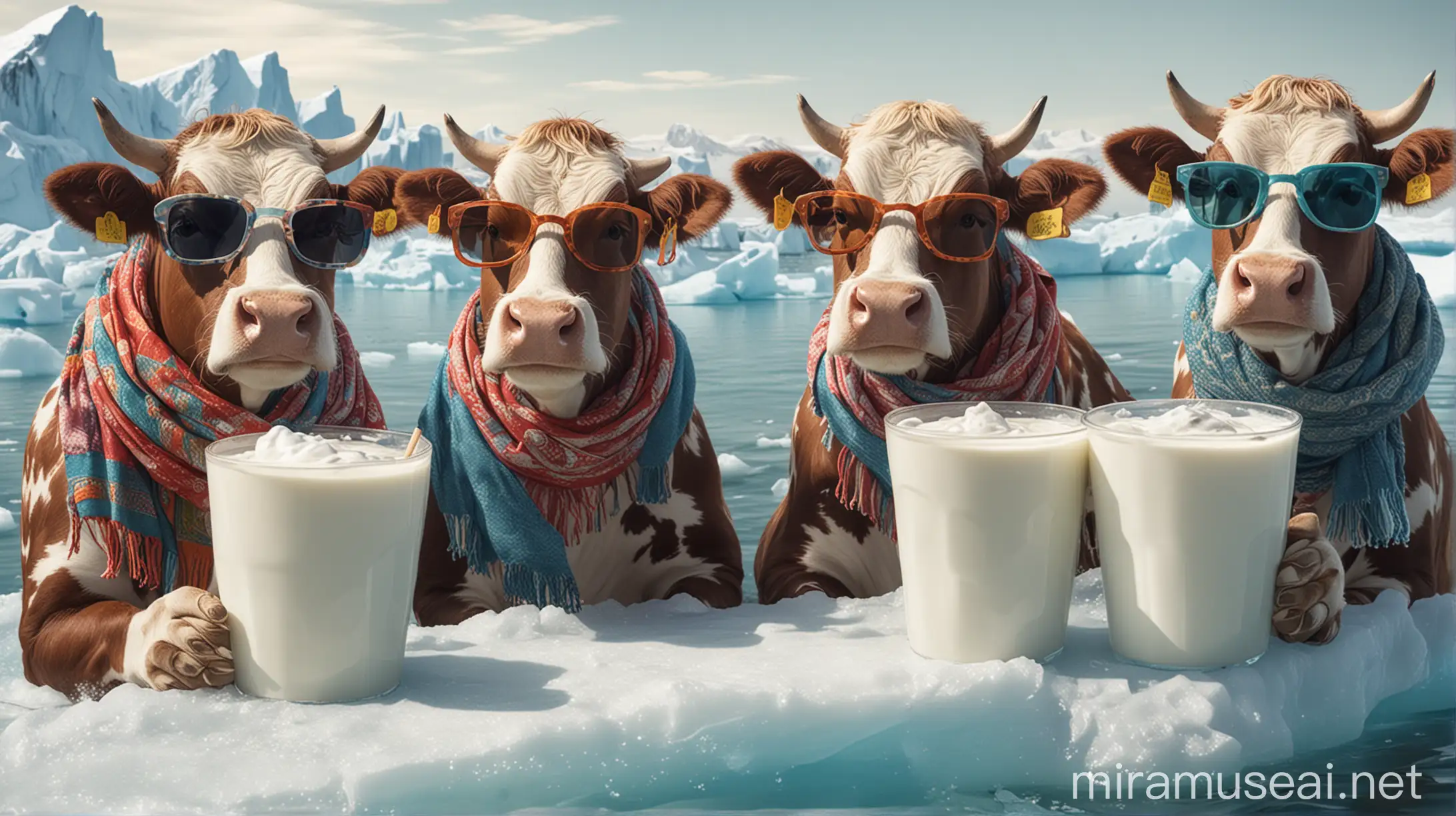 Whimsical Cows Relaxing on Icebergs with Milk Cups