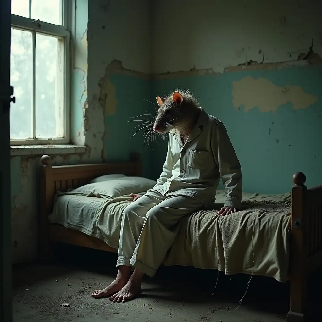 Man-in-Pajamas-Surrounded-by-a-Dilapidated-Room-with-Rat-Features