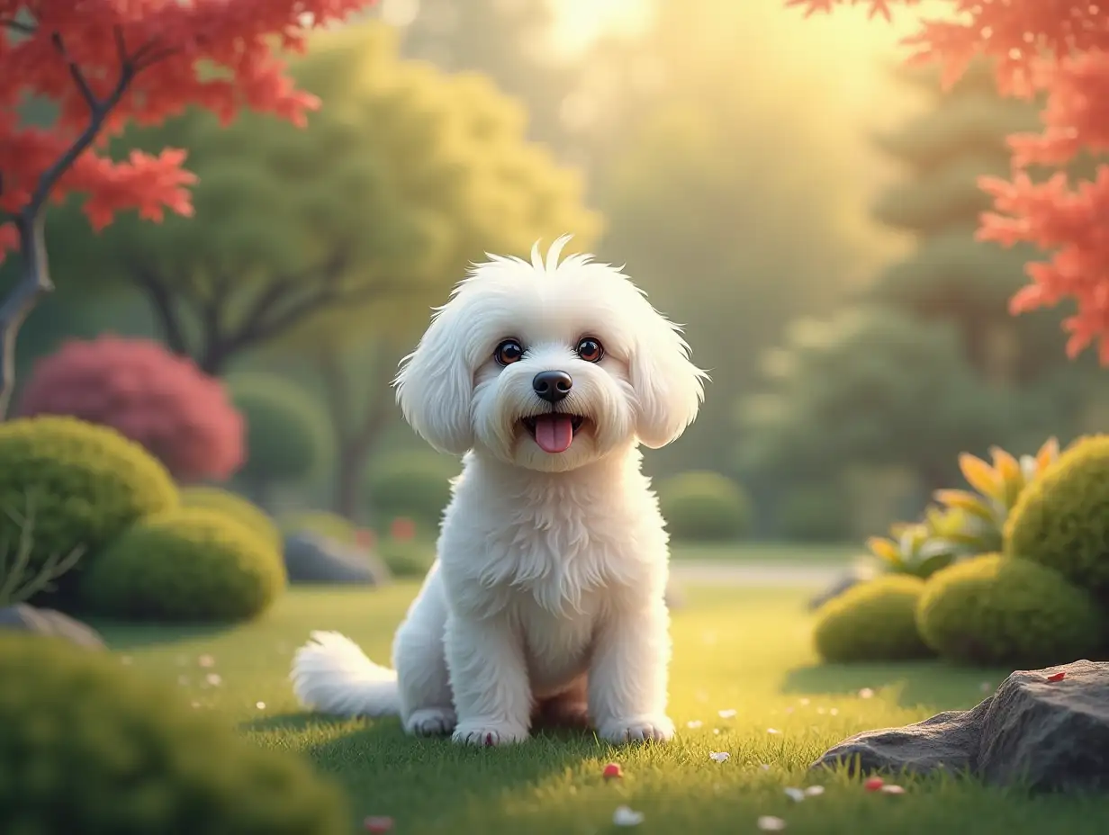 A photo realistic style image of a Maltese dog smiling and sitting patiently in a beautiful Japanese garden