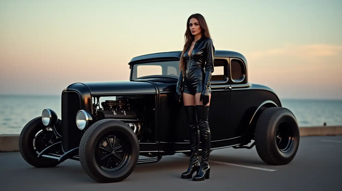 Woman-in-Black-PVC-Jumpsuit-Next-to-Ford-32-Hot-Rod-at-Dusk-by-the-Sea