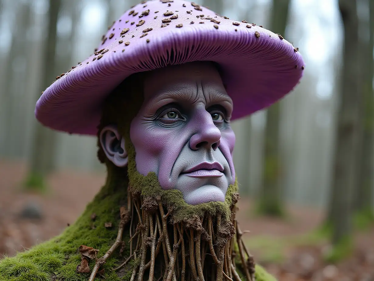 Face transformed into building with purple toadstool roots