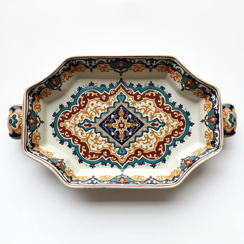 Octagonal with rounded corners ceramic serving dish with embossed beautiful handle, Underglaze painting on white body, Fine art, Hyper detailed, Antique and old, Qajar art, Iranian Tabriz carpet design, Underglaz