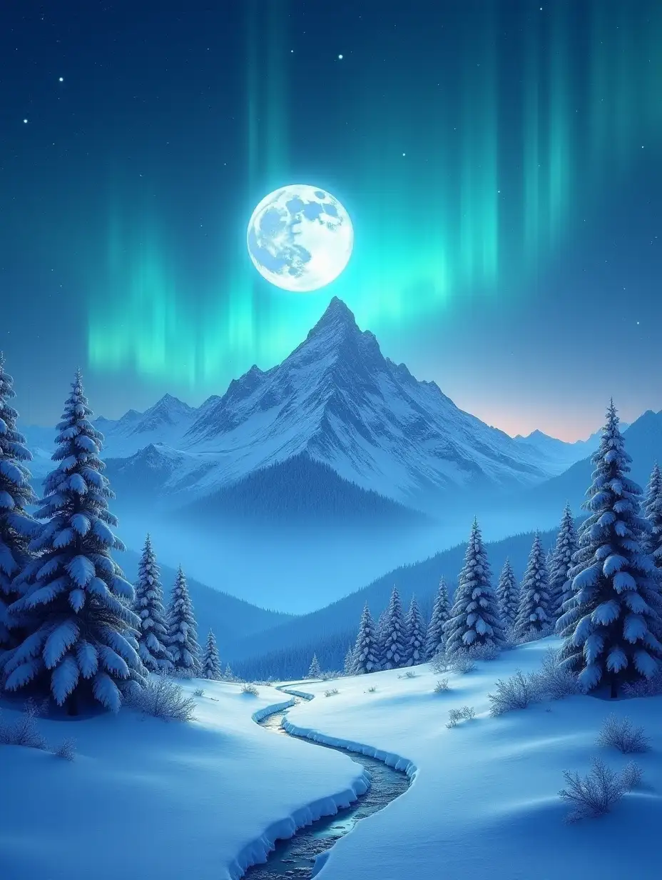 Christmas Happy Realistic Shine snow,aurora borealis Mountain with snow on top big moon