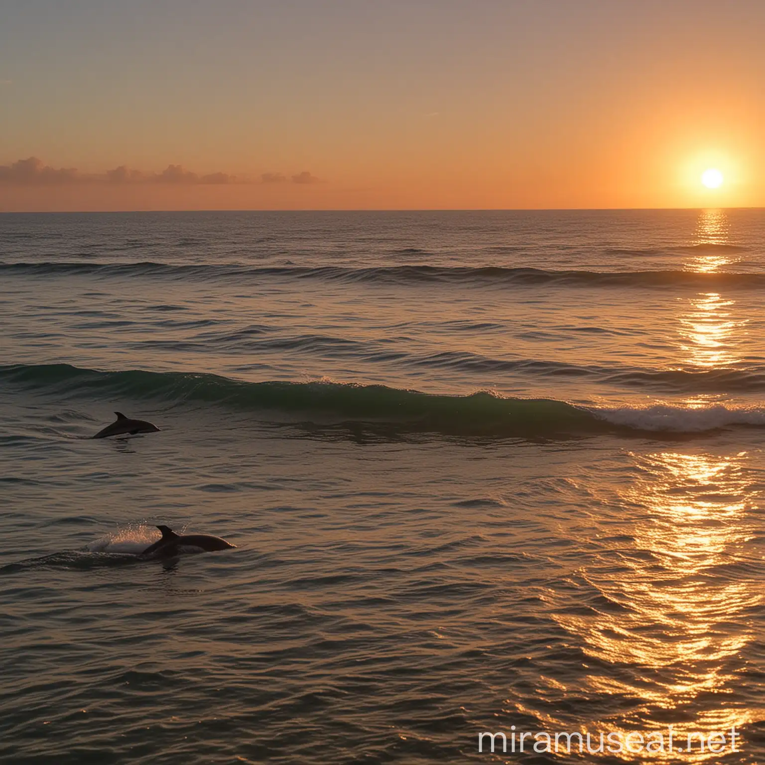 Scenic Ocean Sunrise with Dolphins Swimming