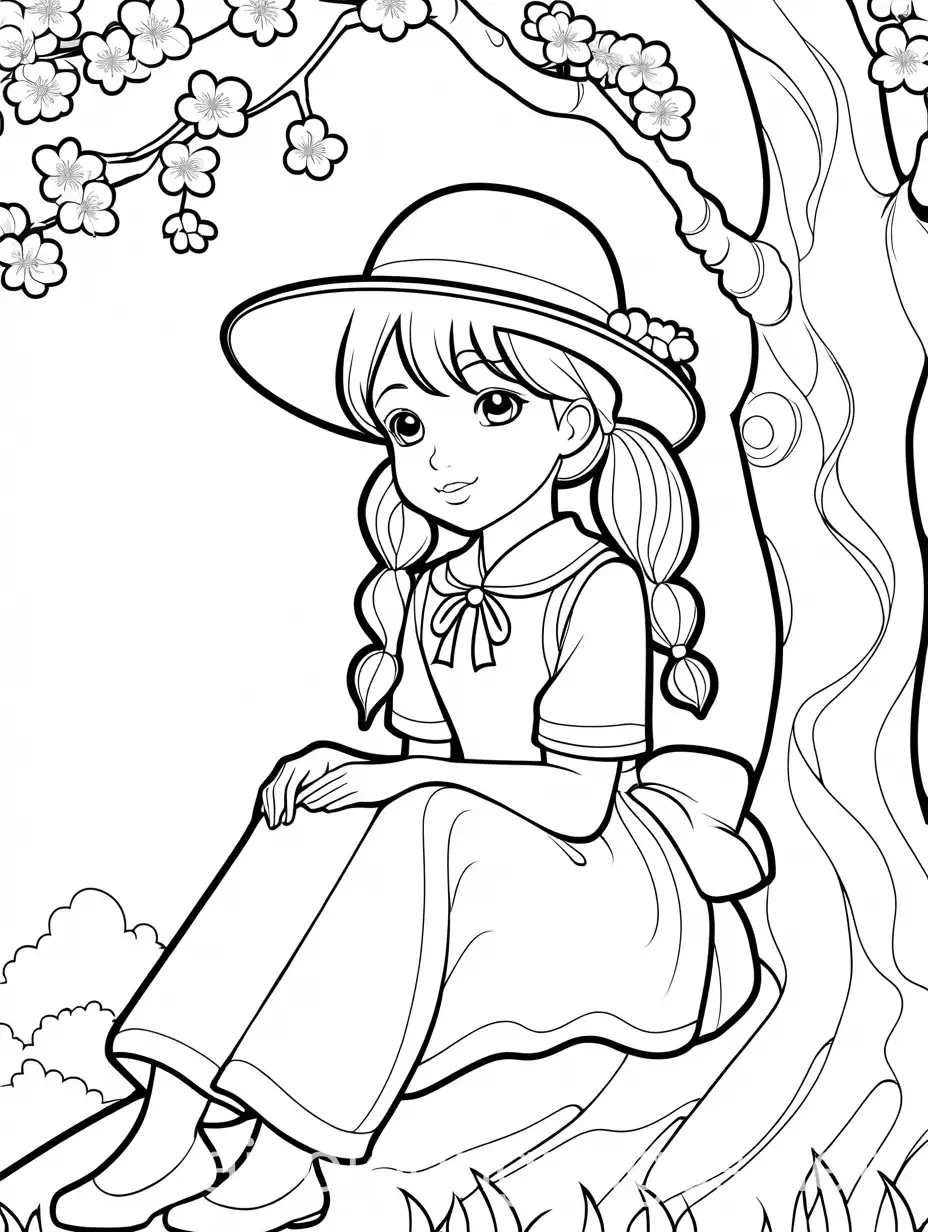 Sweet-Girl-with-Twin-Pigtails-Under-Cherry-Blossom-Tree-Coloring-Page