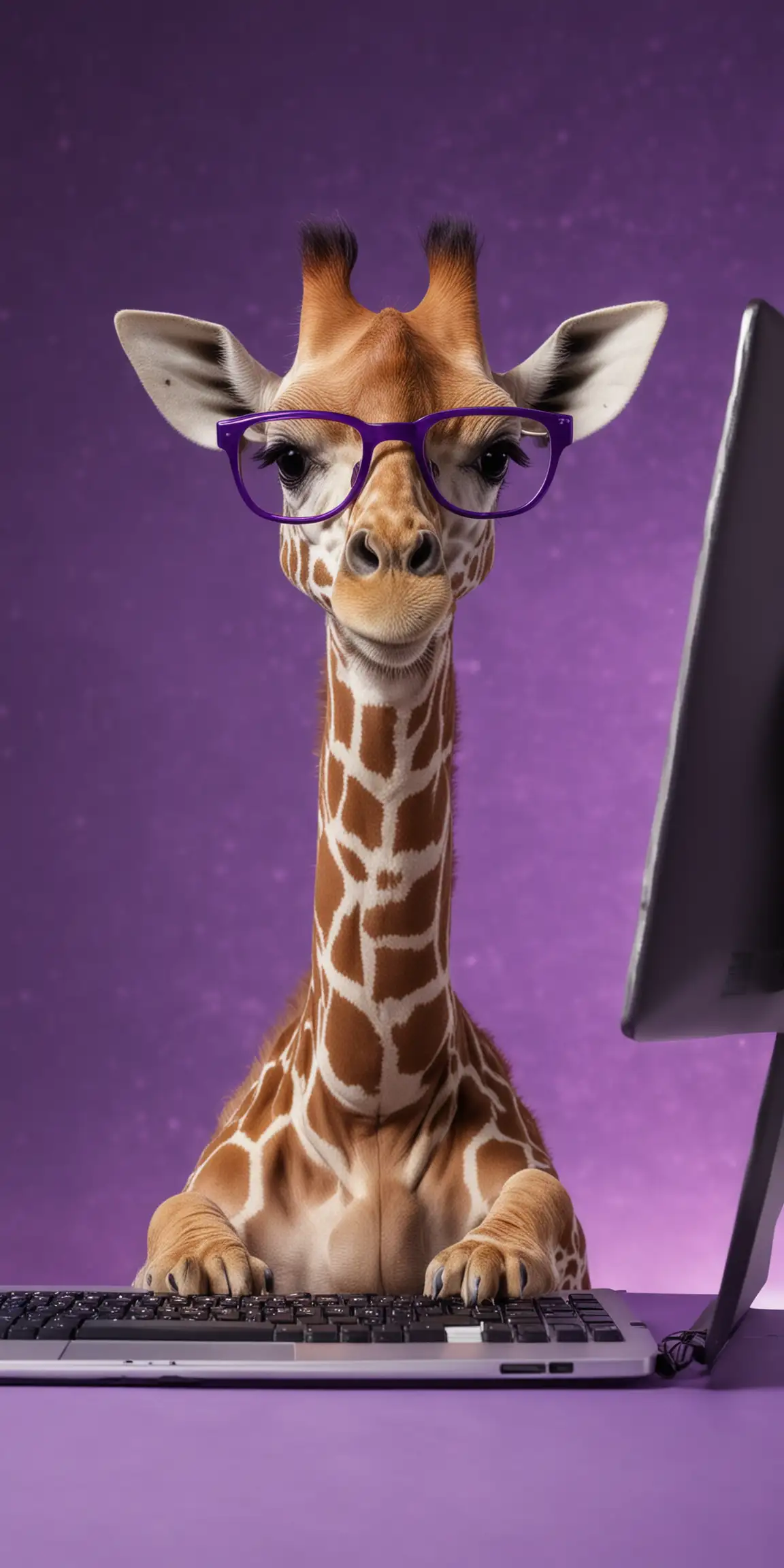 Baby Giraffe with Glasses Using Computer in Purple Space