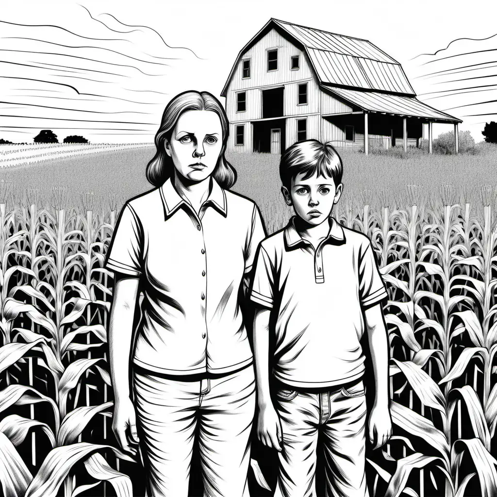 Black and White Coloring Page Older Woman and Young Boy in Cornfield with House and Barn