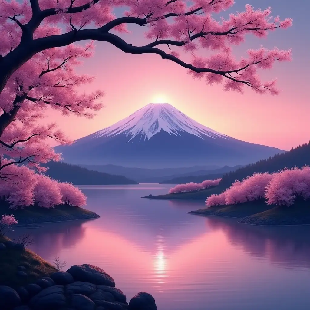 A breathtaking scene of Mount Fuji during the transition from night to dawn in spring. The first light of the rising sun bathes the snow-capped peak in soft, warm hues, blending beautifully with the deep purple remnants of night in the sky. Cherry blossoms in full bloom frame the foreground, their delicate pink petals glowing faintly in the early light. A tranquil lake reflects the vibrant gradient of colors—shades of purple, orange, and gold—creating a serene and magical atmosphere that celebrates the renewal of spring.