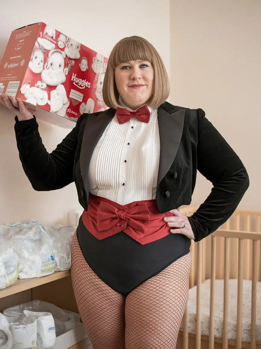 Smiling-MiddleAged-Woman-in-Formal-Tuxedo-Holding-Huggies-Box-in-Nursery