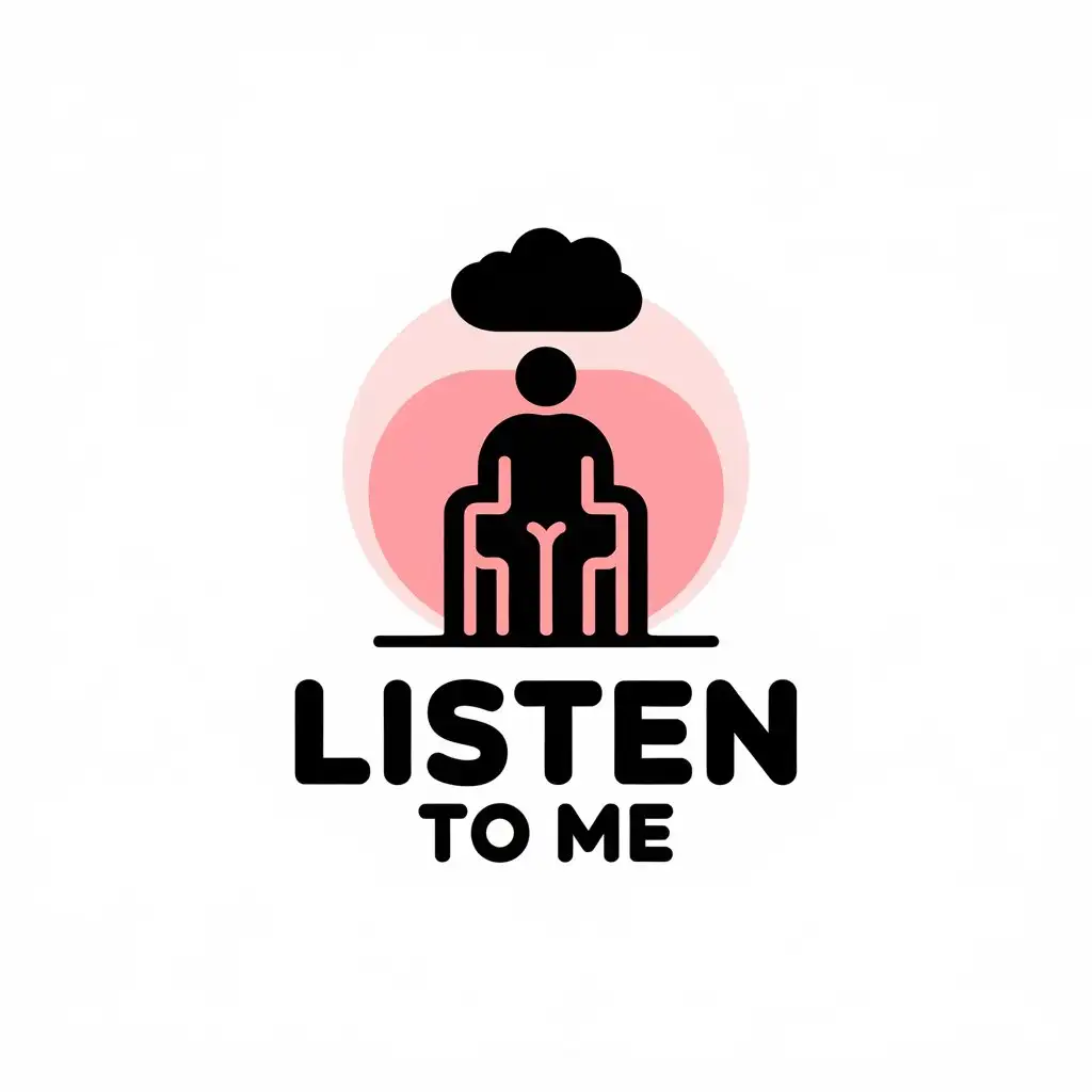 a vector logo design,with the text "LISTEN TO ME", main symbol:Woman CHAIR CLOUD WHITE PINK LISTENING EMPATHETIC FRAGILE LISTENS TO CONFIDE,Moderate,clear background