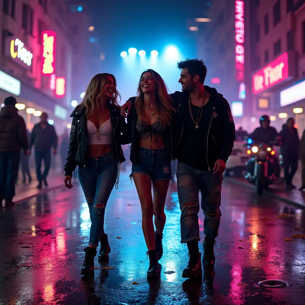 A dynamic and vibrant photo of a city street at night, with neon lights reflecting off the wet pavement. In the foreground, a group of friends (perhaps 3-4 people) are walking towards the camera, laughing and embracing each other. They're dressed in edgy, trendy outfits, with bold fashion statements and confident attitudes. Some possible props or elements to include: - A motorcycle or a sleek car in the background, with headlights shining bright. - A giant speaker or a DJ booth in the distance, with pulsating lights and fog machines. - Confetti or balloons scattered around the scene, adding to the celebratory atmosphere. Color palette: - Neon pinks, blues, and purples to reflect the vibrant nightlife. - Deep blacks and grays to add contrast and depth to the image. - Accents of bright white or silver to represent the energy and excitement of the night. Overall, the cover photo should convey a sense of freedom, joy, and rebellion, inviting listeners to join the party and experience the thrill of a wild Saturday night.