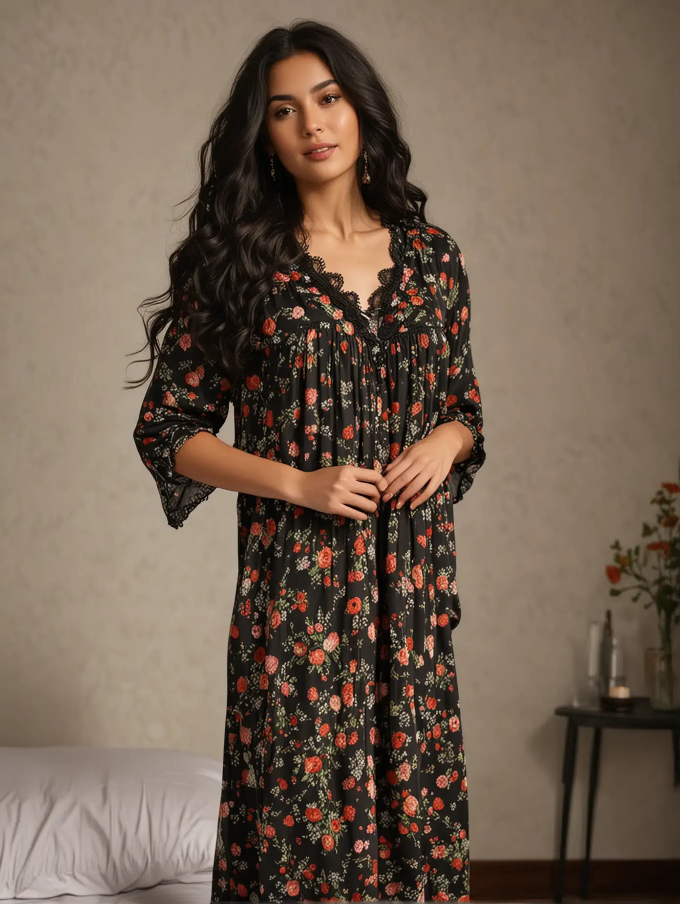 Woman-in-Black-Casual-Nightgown-with-Floral-Print-and-Long-Wavy-Hair