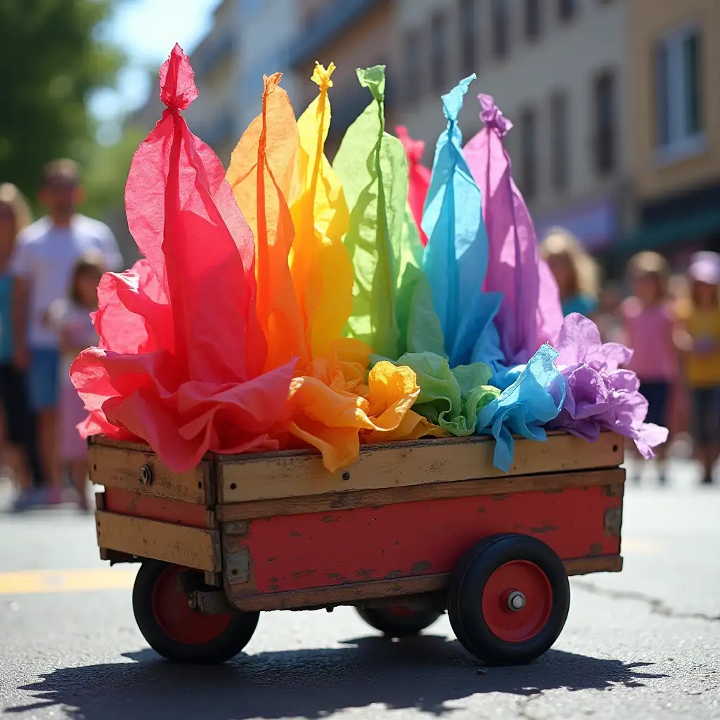 A mini parade float on a wagon with colorful tissue paper that looks like it's been made by an 8 year old