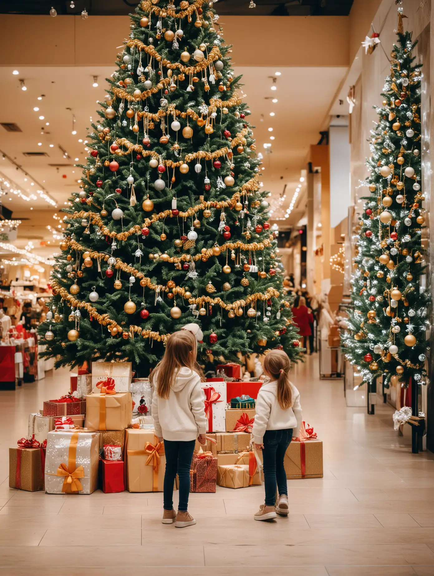 New-Years-Shopping-Center-Mother-and-Child-Searching-for-Prizes-with-Holiday-Decorations