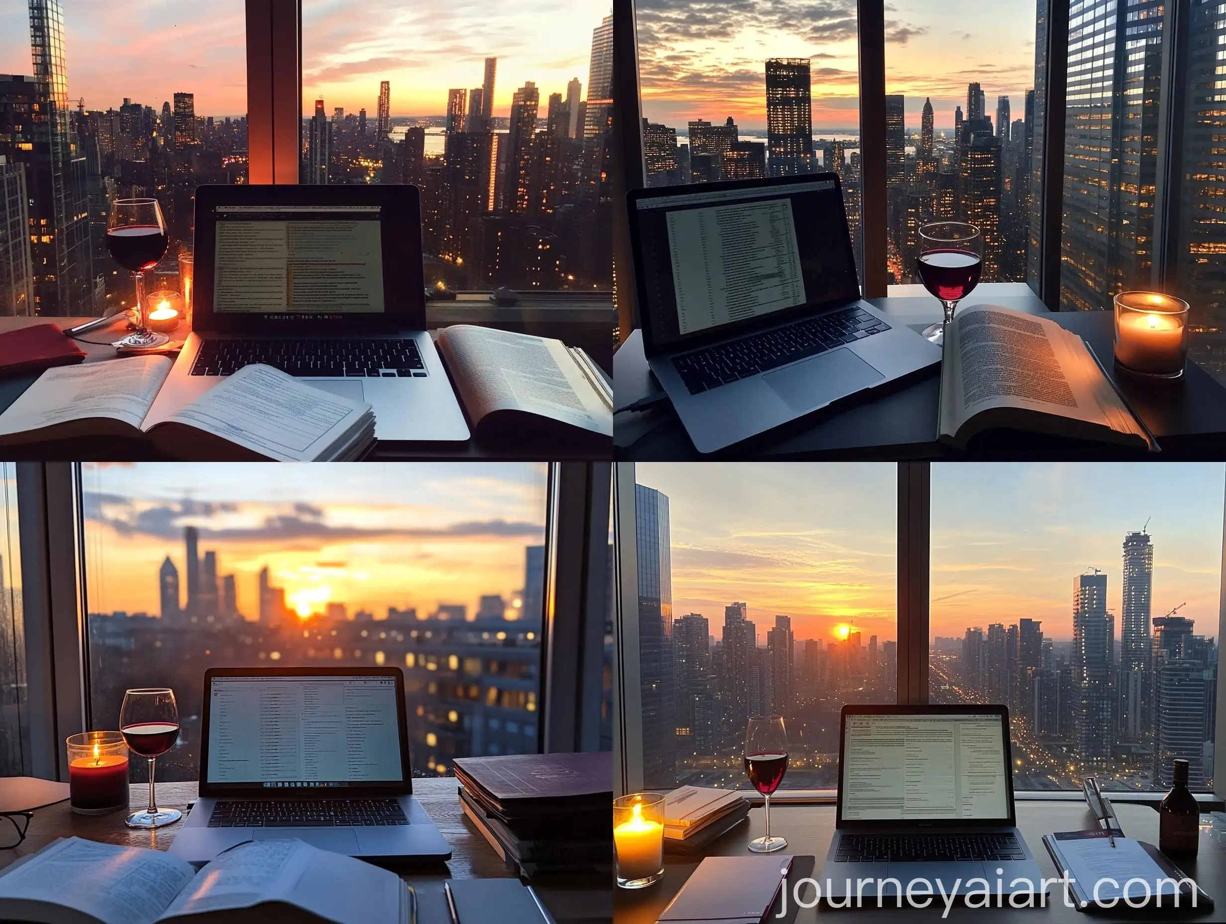 Urban-Sunset-Workspace-with-Laptop-Books-Wine-and-Candle