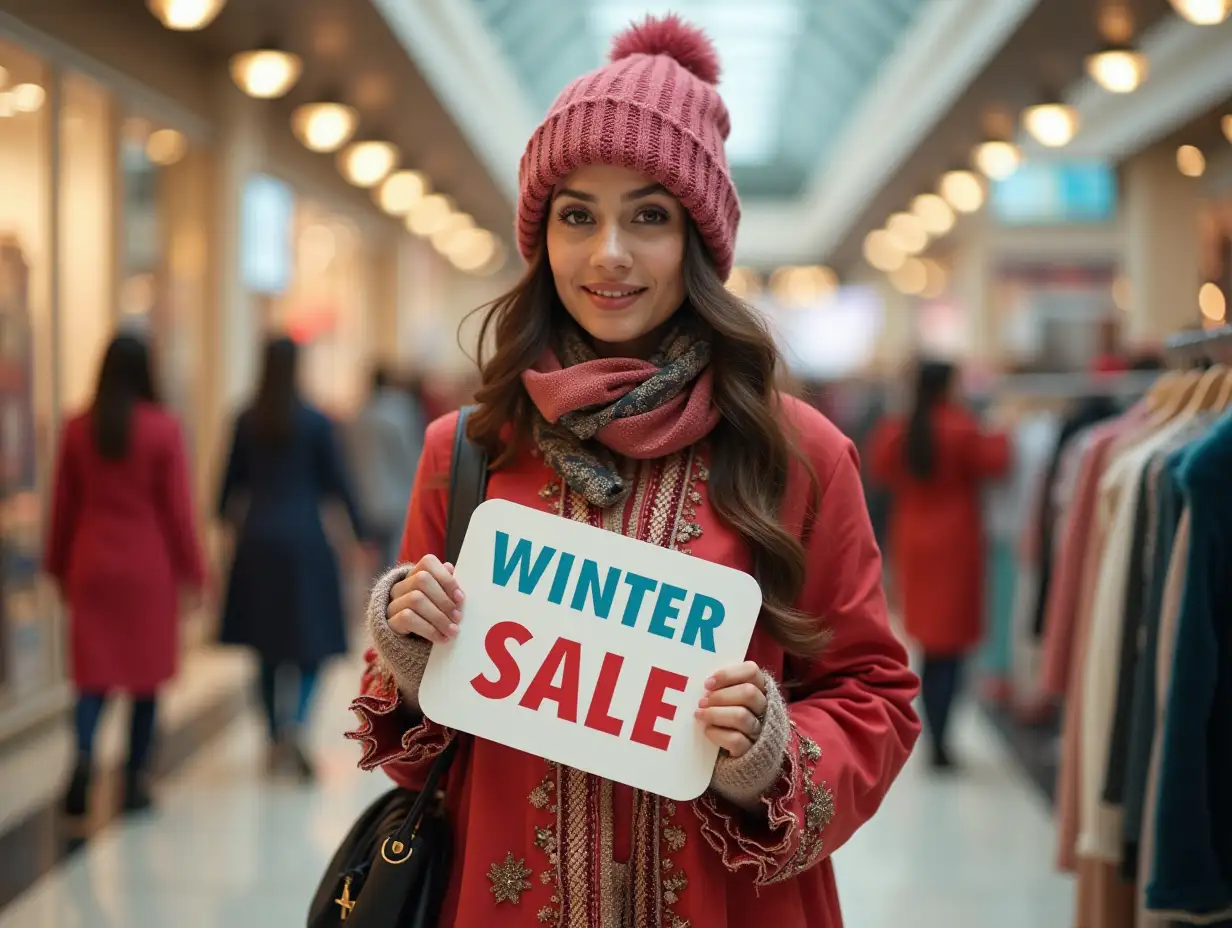 A women dressed in Pakistani dress holding a sign that says Polkii Winter Sale. She is in a Mall and wearing winter clothes